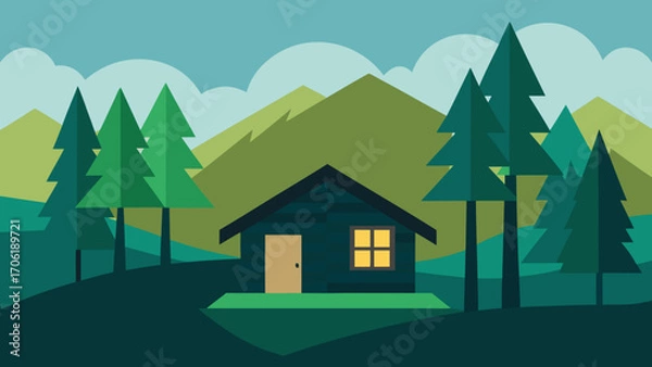 Fototapeta A cartoon vector illustration of a peaceful cottage home nestled in a mountain village with a clear sky