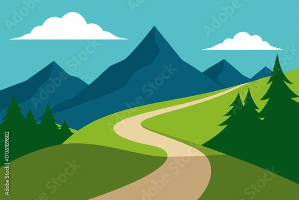 Fototapeta Vector illustration of a serene mountain landscape with green hills, a blue sky, and a tranquil lake