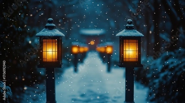 Fototapeta Snowy pathway lit by lanterns at night