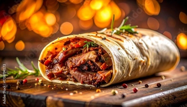 Fototapeta Appetizing grilled meat burrito, garnished with herbs and spices, warm bokeh.