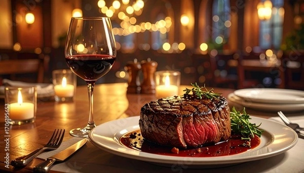 Fototapeta a perfectly cooked steak on a plate with sauce, accompanied by a glass of red wine, candles, and cutlery, all set in a dimly lit restaurant. The scene evokes a fine dining experience