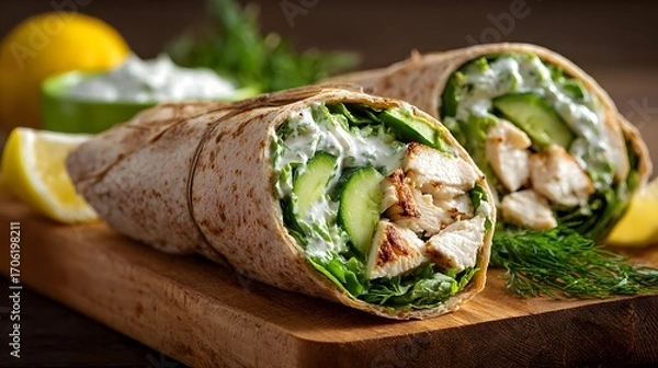 Fototapeta chicken wrap with vegetables and cream