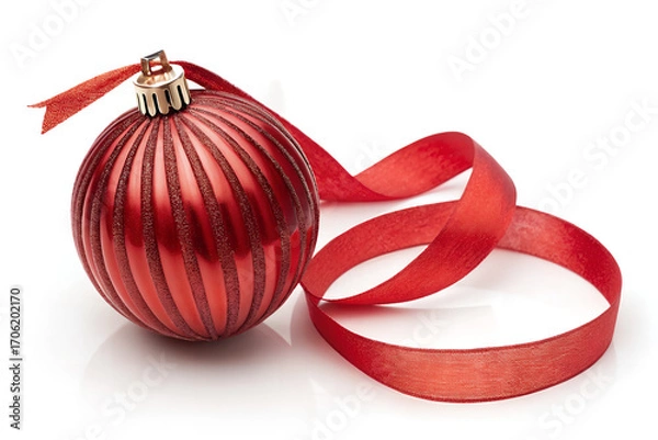 Fototapeta Festive Red Ornament: A solitary red ornament, a symbol of yuletide cheer, is elegantly displayed, complemented by a gracefully curving ribbon, evoking feelings of joy and tradition.
