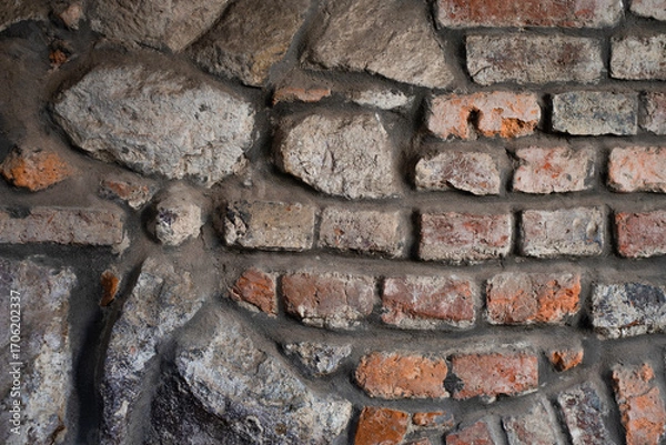 Fototapeta Rustic brick and stone wall with scattered textures and colors. Close-up view of an aged brick and stone wall showcasing varied textures walls of old church