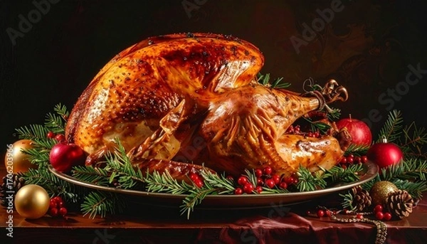 Fototapeta a roasted turkey on a platter decorated with pine needles, berries, and Christmas ornaments. The turkey appears golden brown and ready to be served