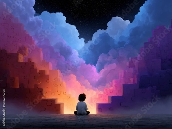 Fototapeta Contemplative child facing puzzle staircase clouds