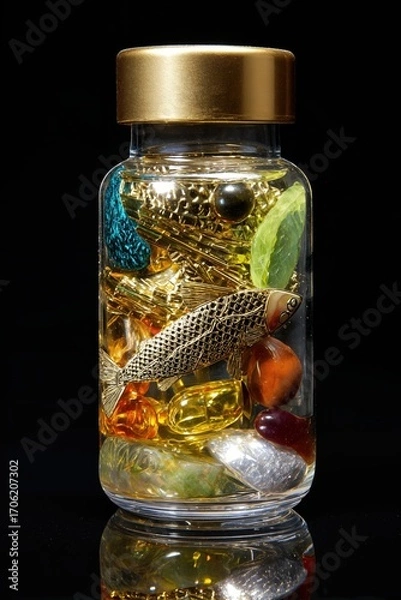 Fototapeta Una botella llena de elementos marinos y suplementos, creando una composición artística y surrealista.
