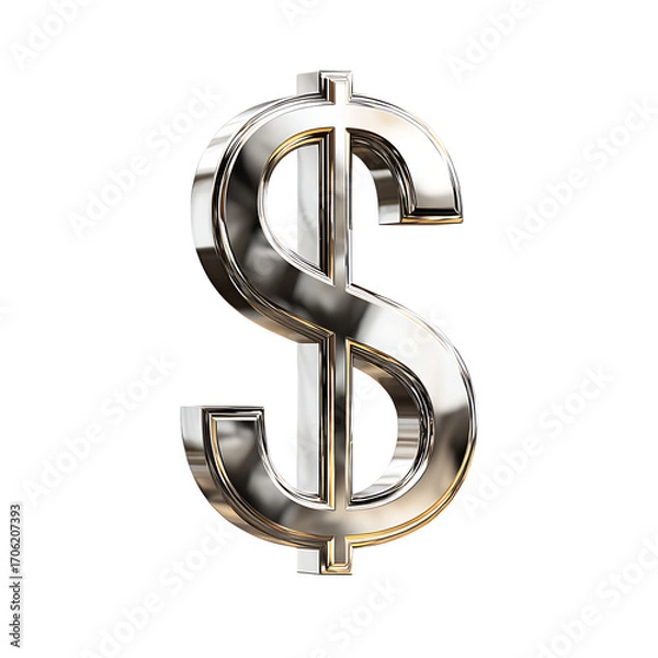 Fototapeta A reflective metallic dollar sign is isolated against a solid transparent background giving it a modern and almost digital look