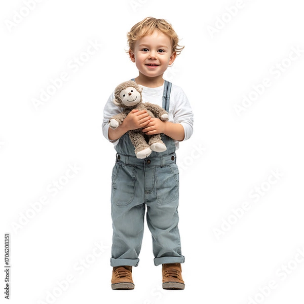 Fototapeta Adorable toddler with curly blonde hair in overalls holding a cute plush monkey smiling warmly at the camera on a transparent background