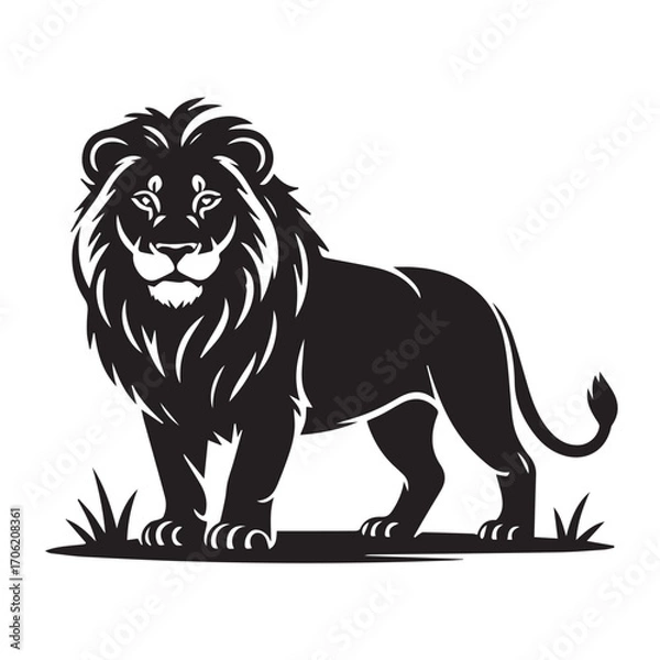 Fototapeta Majestic black lion standing proudly on grass, a symbol of power and strength, isolated on white background technology background