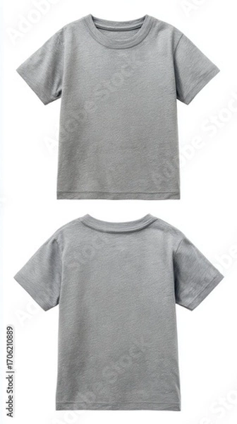 Fototapeta Stunning photo of blank gray kids t-shirt mockup front, back view. Isolated on white background. Studio shot of plain gray shirt. Casual attire. Empty template.