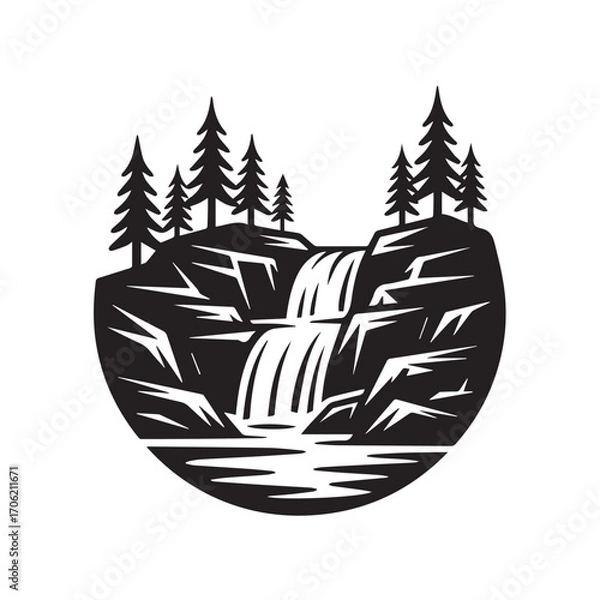 Fototapeta Stylized illustration of a waterfall cascading over rocks with pine trees, depicting a serene natural landscape technology background