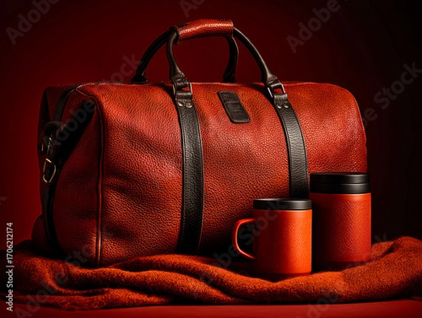 Obraz red leather bag on red background