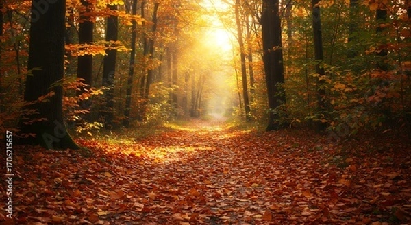Obraz Autumn forest path sunlight