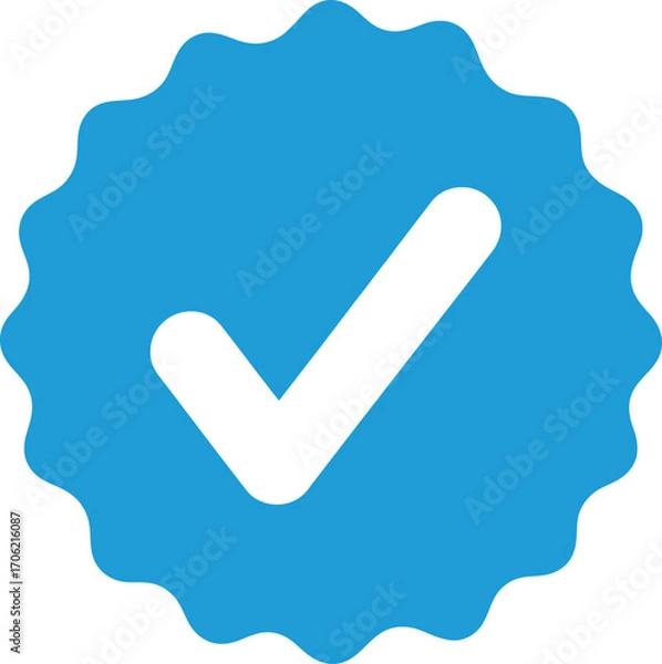 Fototapeta White Check Mark on Blue Rosette, Flat Style Icon Design on Transparent Background