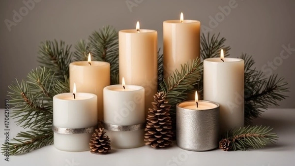 Obraz Elegant candles in holders decorated with pine twigs, isolated festive composition