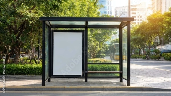 Fototapeta Stunning photo of modern bus stop shelter with blank advertising billboard in urban setting. Black metal frame, glass panels, green trees. Sunny day. Public transportation.