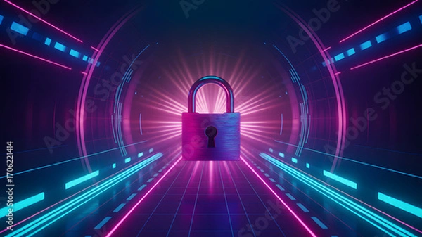 Obraz A padlock in a neon tunnel with blue and pink lights creating a futuristic and secure environment