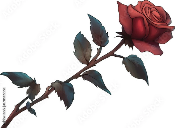 Obraz Single Red Rose with Dark Green Leaves and Thorns on a White Background Keywords: rose, red rose, flower, single flower, bloom, blossom, botanical, flora