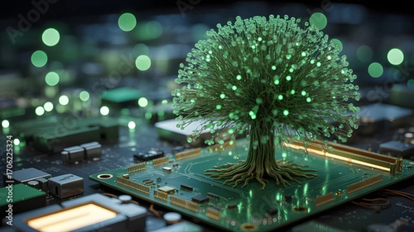 Obraz A glowing tree with light points growing out of a circuit board with other components around it