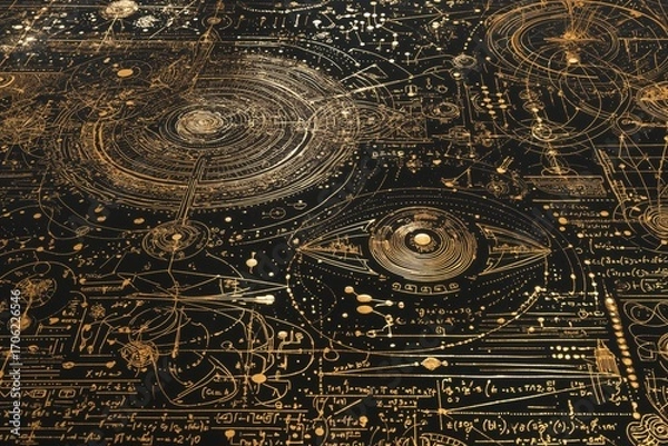 Fototapeta Una representación intrincada y mística de un ojo cósmico, rodeado de fórmulas matemáticas y símbolos arcanos.