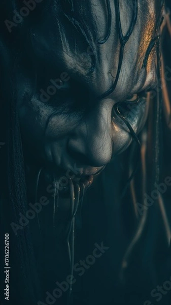 Fototapeta Retrato en penumbra de una figura con maquillaje que simula líquido resinoso.