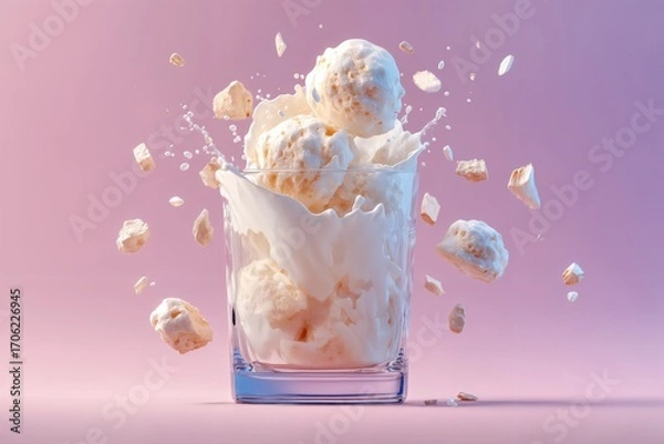Fototapeta Una explosión de helado de vainilla en un vaso de cristal sobre un fondo rosa.