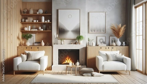 Fototapeta Cozy living room with fireplace, two armchairs, and wooden accents, creating a warm and inviting atmosphere