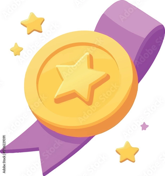 Obraz Golden Star Medal with Purple Ribbon and Sparkles on White Background Keywords: medal, award, prize, winner, success, achievement, recognition, champion