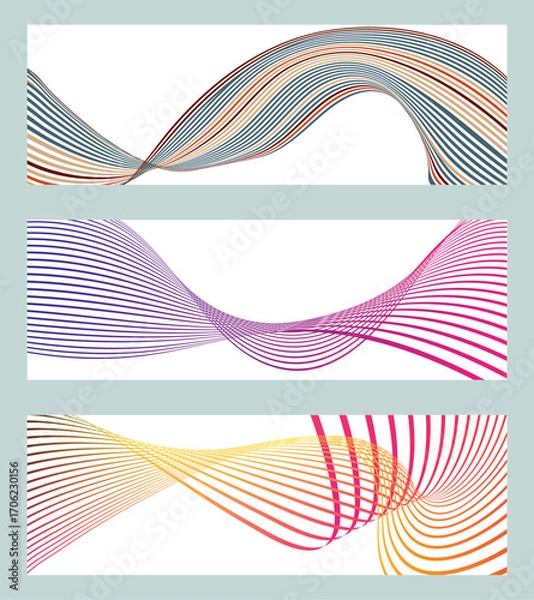 Fototapeta Wavy lines or ribbons. Set of 3 backgrounds. Multicolored striped gradient. Creative unusual background with abstract gradient wave lines to create a trendy banner