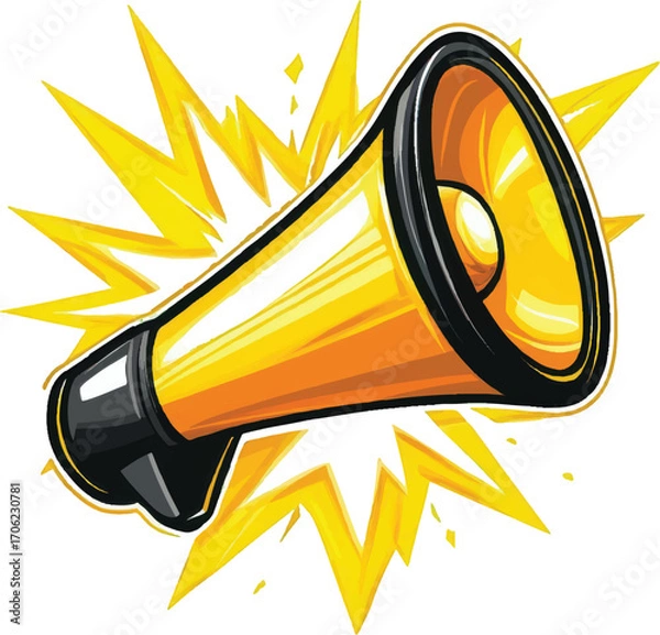 Obraz Yellow Megaphone with Orange Bell and Yellow Starburst on White Background bullhorn speaker