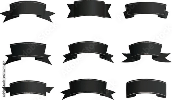 Obraz Collection of Nine Black Ribbon Banners with White Edging on White Background vector illustration