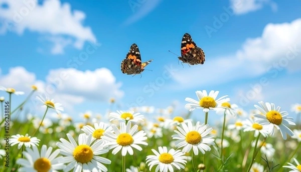 Fototapeta Two butterflies soar above a field of daisies under a bright blue sky
