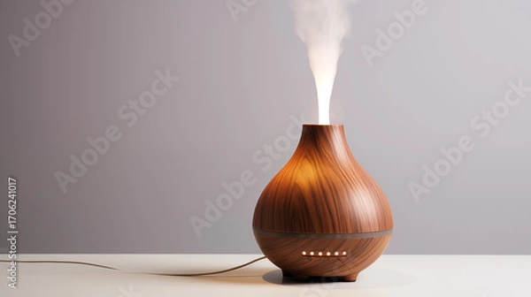 Obraz Wooden aroma diffuser emitting steam on a white surface against a gray background in a studio setting