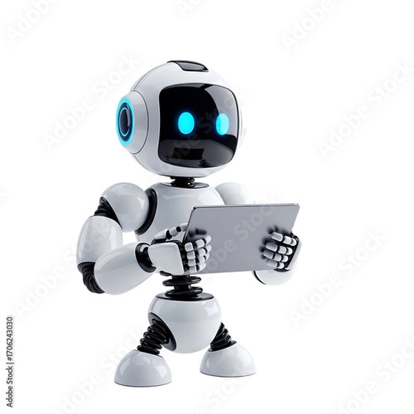 Obraz Robot holding a tablet isolated on transparent background, showcasing technology