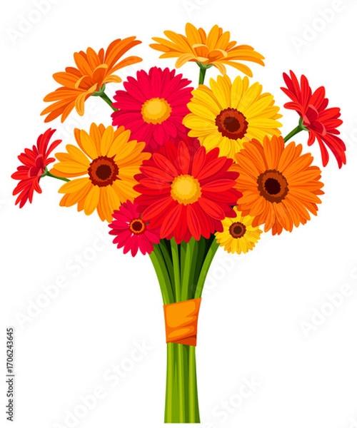 Fototapeta Bouquet of red, orange, and yellow gerbera flowers isolated on a white background. Gerberas in autumn colors. Vector illustration