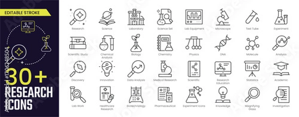 Obraz Research Stroke icon collections. Containing Science, Laboratory, Analysis, Data, Experiment and medical research Symbols icons. Editable Stroke icon collection Outline icon