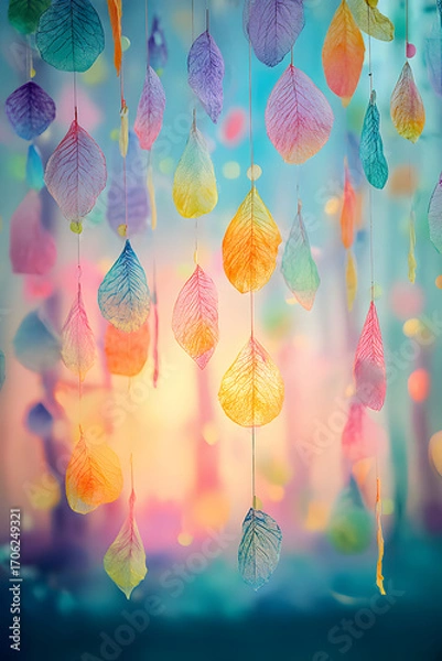 Fototapeta Enchanting Feather Cascade: An artistic display of delicately suspended feathers in a vibrant array of pastel hues. Captured in a whimsical scene that evokes a sense of serenity and visual poetry.