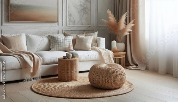 Fototapeta Cozy and bright living room with a comfortable sofa, textured pouf, and natural decor elements