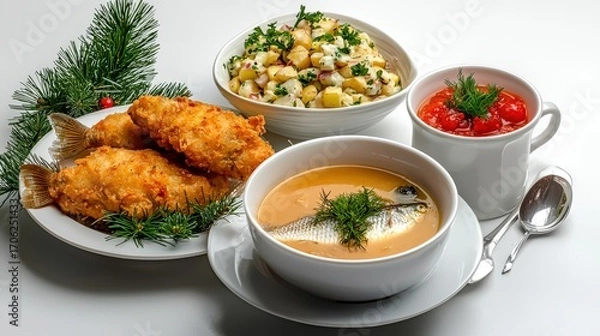 Obraz Traditional Scandinavian fish meal with fried fish creamy potato salad and red berry dessert served with soup on a white background