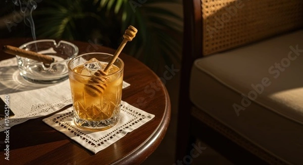 Obraz Whiskey cocktail with honey and a smoking cigar on a wooden table in a retro living room