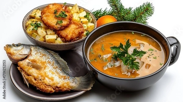 Obraz Traditional Eastern European Fish Soup and Fried Fish Served with Potatoes and Fresh Herbs on a Dark Background