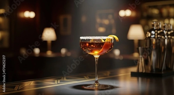 Obraz Classic Sidecar cocktail with a sugar rim and orange garnish in a luxury art deco style bar
