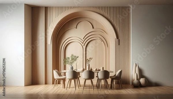 Fototapeta Elegant dining room with a beautifully carved wooden wall and a table set for a meal, creating a sophisticated ambiance