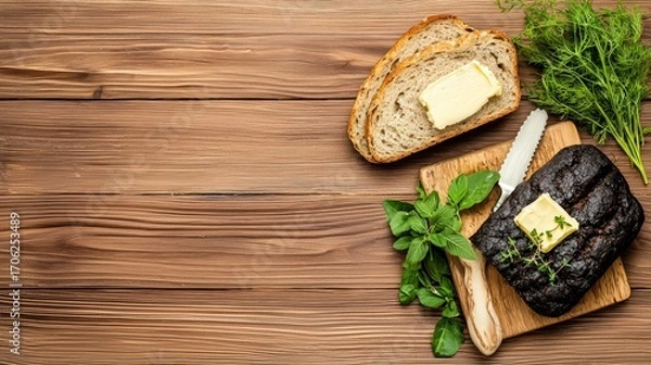 Obraz Freshly baked rustic bread sliced with butter on a wooden surface with herbs including dill and basil, perfect for breakfast or snack
