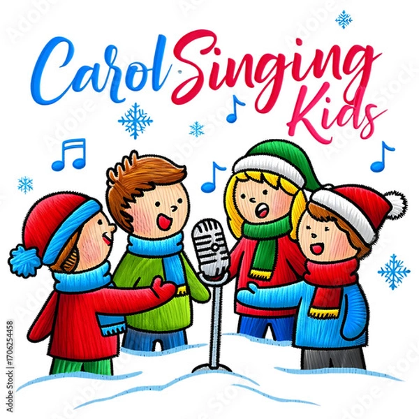 Fototapeta Cartoon Carol Singing Kids with Microphone on transparent background