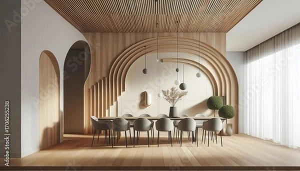 Fototapeta Modern dining room with arched wooden details and elegant chandelier, showcasing a stylish table setting