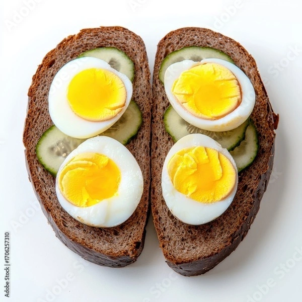 Obraz Close-up of two slices of hearty whole grain bread topped with perfectly boiled eggs and fresh cucumber slices, served on a clean white background