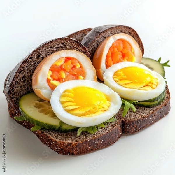 Obraz Delicious soft boiled eggs with creamy yolks and bright orange centers served on dark rye bread with fresh cucumber slices and green herbs for breakfast