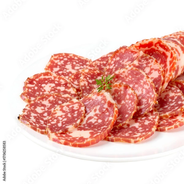 Fototapeta Sliced Gourmet Sausage on a White Plate A Culinary Delight for Food Lovers